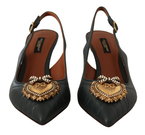 Dolce & Gabbana Green Leather DEVOTION Slingbacks Heels Shoes